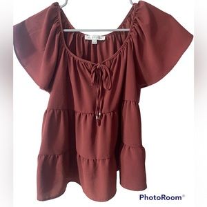 Olive & Oak Ruffle Tie Front Tiered Layered Rust Mauve Blouse Top (M)